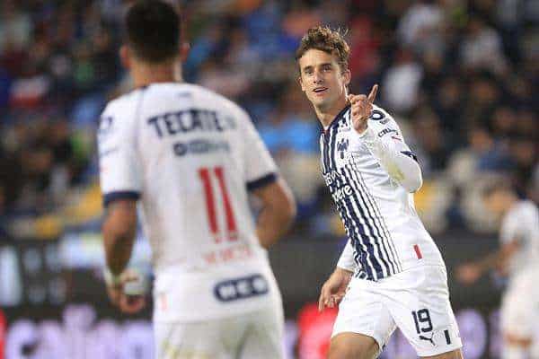 Jordi Cortizo de Monterrey celebra un gol ante Pachuca, durante un partido correspondiente a la jornada 11 del torneo Clausura 2023 de la Liga MX del fútbol mexicano, hoy, en el estadio Hidalgo de la ciudad de Pachuca (México). EFE/ David Martínez Pelcastre