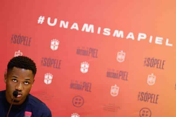 El delantero de la selección española Ansu Fati durante la presentación del partido contra el racismo entre España y Brasil. EFE/ Sergio Pérez