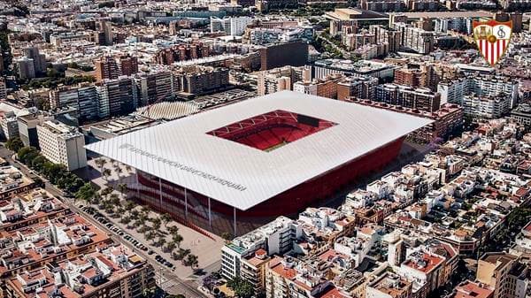Detalle del anteproyecto del exterior del nuevo estadio del Sevilla. El nuevo estadio Ramón Sánchez-Pizjuán contará con un aforo de 55.000 espectadores, supondrá la demolición del actual y su construcción en la misma ubicación con una inversión de entre 300 y 350 millones de euros, y sus obras está previsto que se prolonguen por dos años, entre julio de 2026 y julio de 2028. EFE/ Sevilla FC/ SÓLO USO EDITORIAL/SÓLO DISPONIBLE PARA ILUSTRAR LA NOTICIA QUE ACOMPAÑA (CRÉDITO OBLIGATORIO)