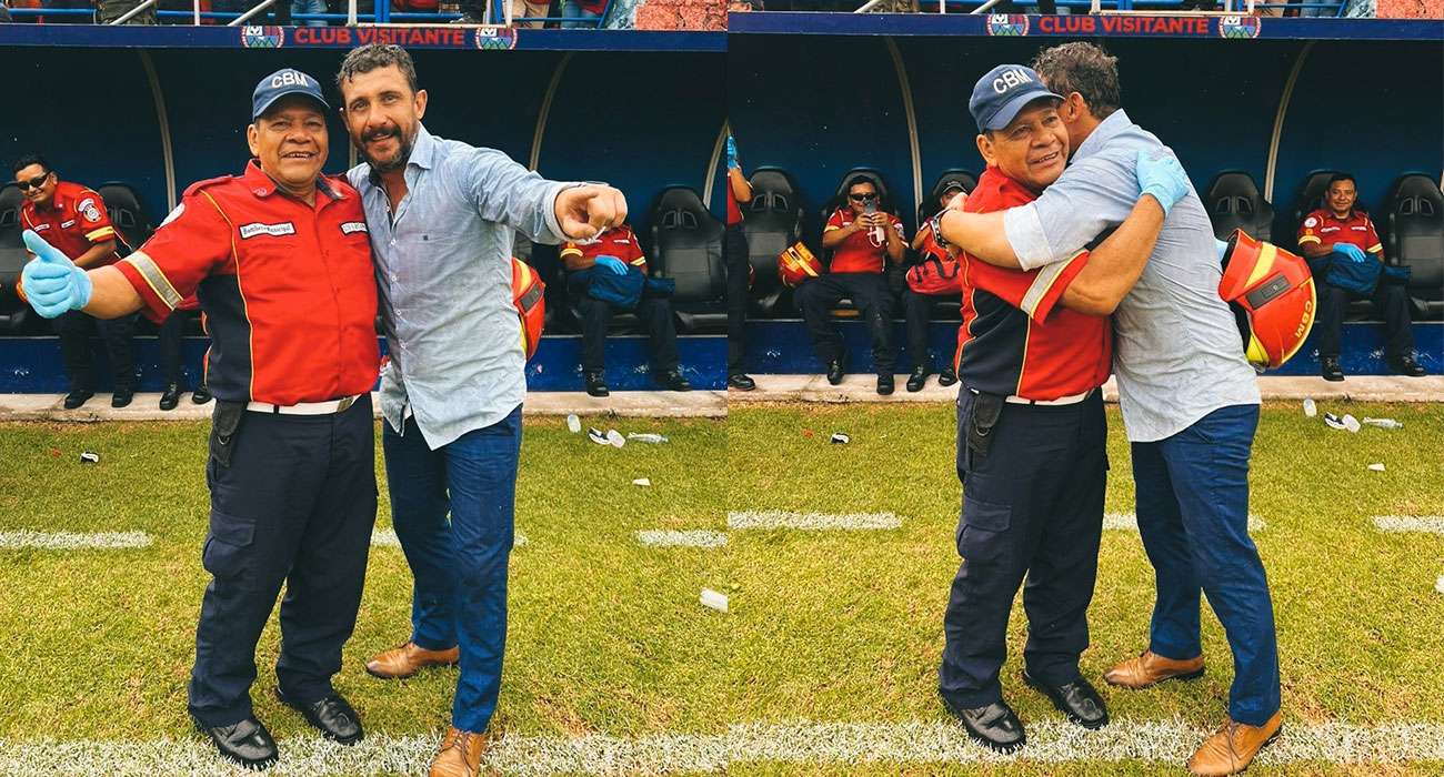 Sebastián Bini no se olvidó del bombero y festejó con él la corona 32 de Municipal