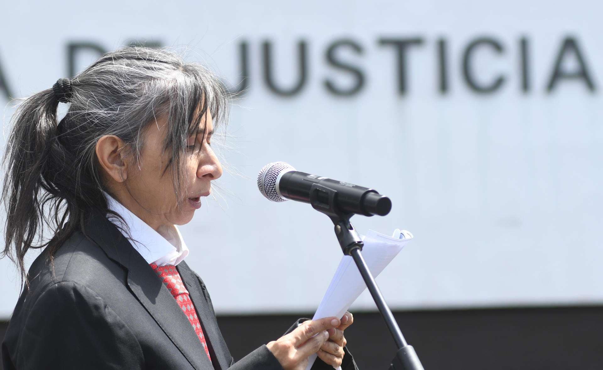 La artista Regina José Galindo habla durante una representación titulada 'Me siento libre' en apoyo al periodista José Ruben Zamora este jueves, frente al Palacio de Justicia, en Ciudad de Guatemala (Guatemala). EFE/ Alex Cruz