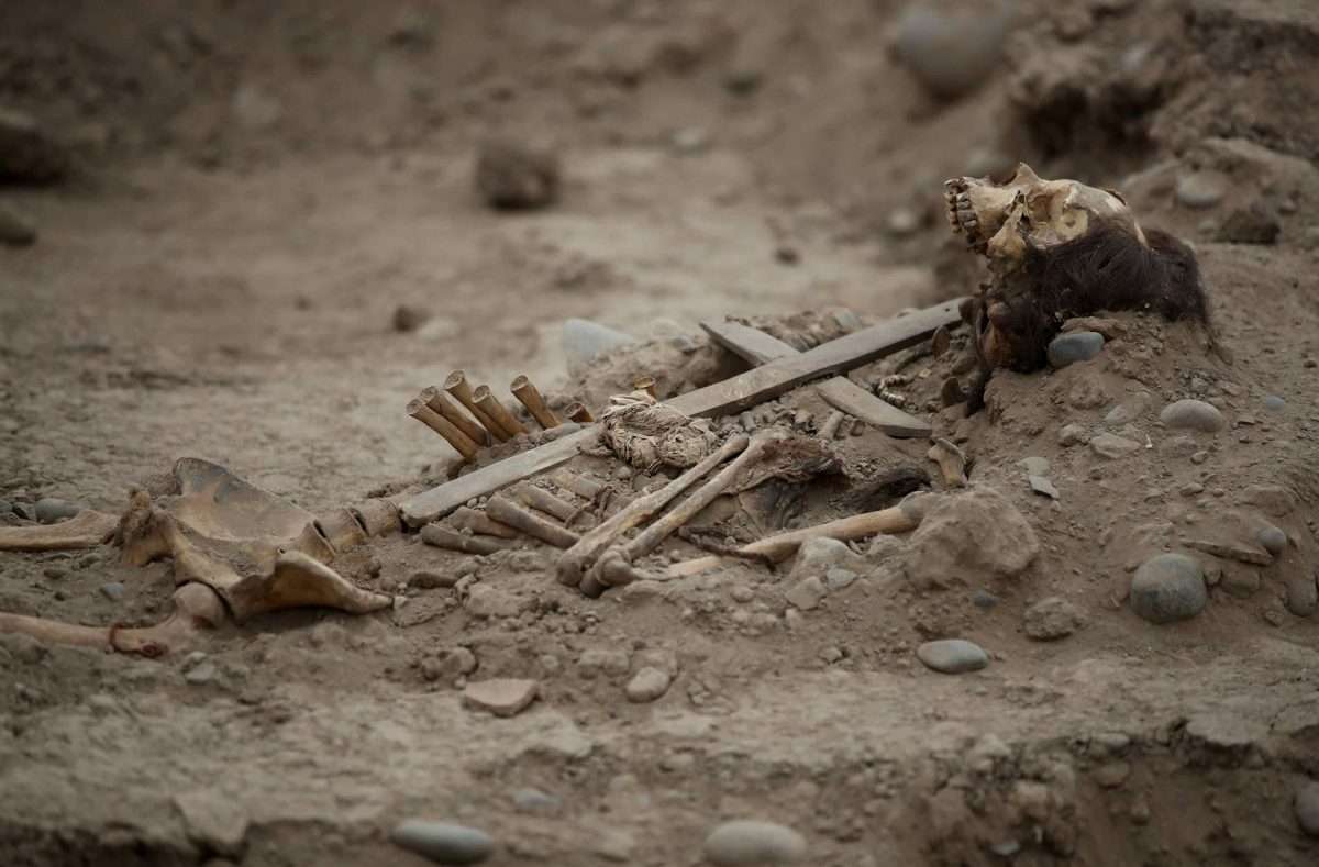 Detalle de los restos de un cadáver colonial, con una cruz pegada a su caja toráxica, hallado en el zoológico Parque de las Leyendas, el pasado 8 de agosto, en Lima (Perú).