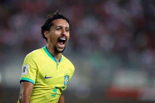 Marquinhos de Brasil celebra su gol hoy, en un partido de las Eliminatorias Sudamericanas para la Copa Mundial de Fútbol 2026. EFE/ Paolo Aguilar