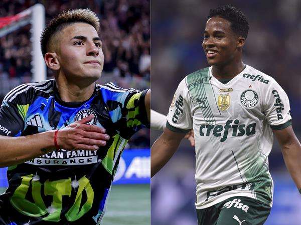 Combo de dos fotografías de archivo donde se ven los futbolistas el argentino Thiago Almada (i) y el brasilero Endrick Felipe. que buscaran destacar en el preolimpico de Venezuela EFE